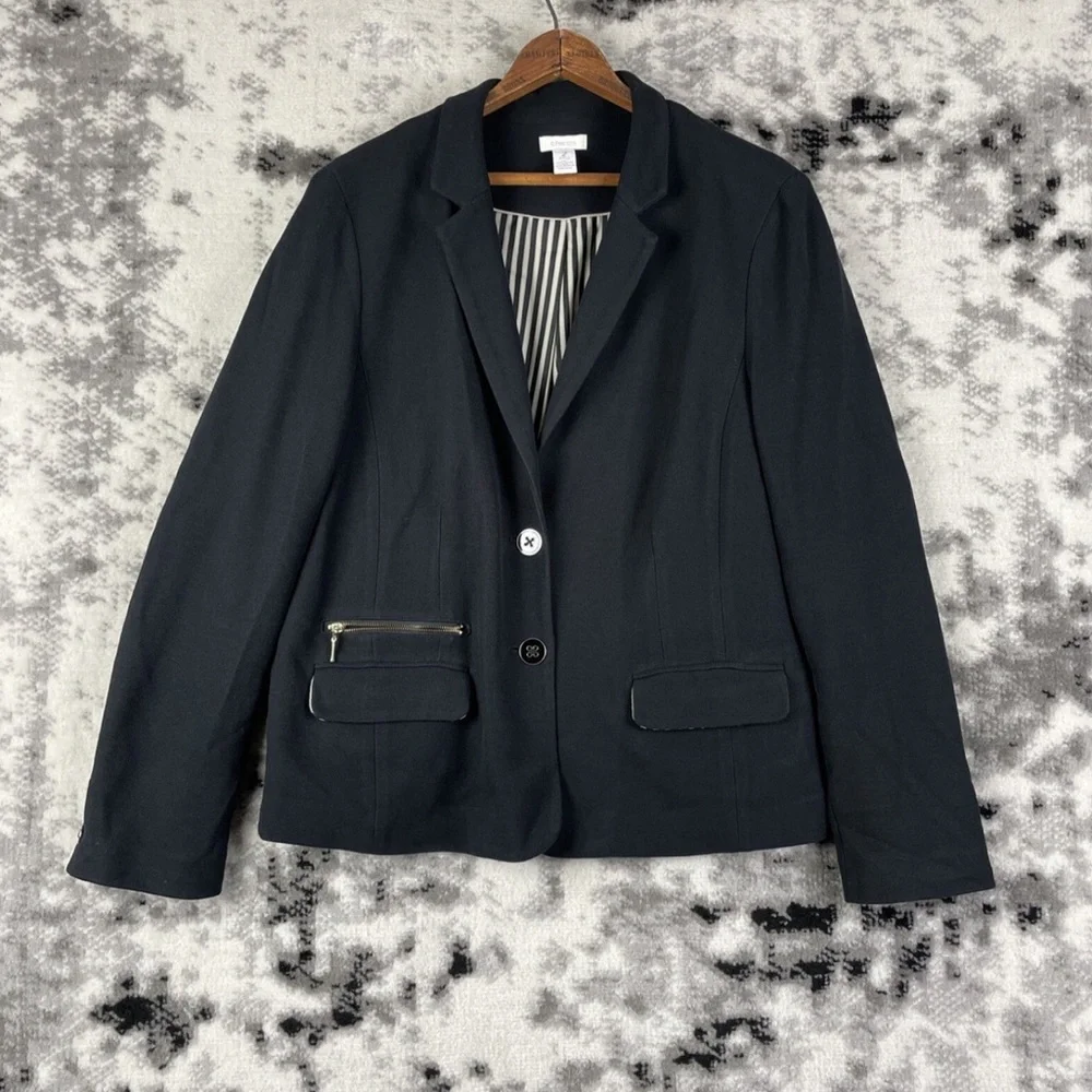 Chico’s knit pique black blazer enamel button gold tone hardware career workwear